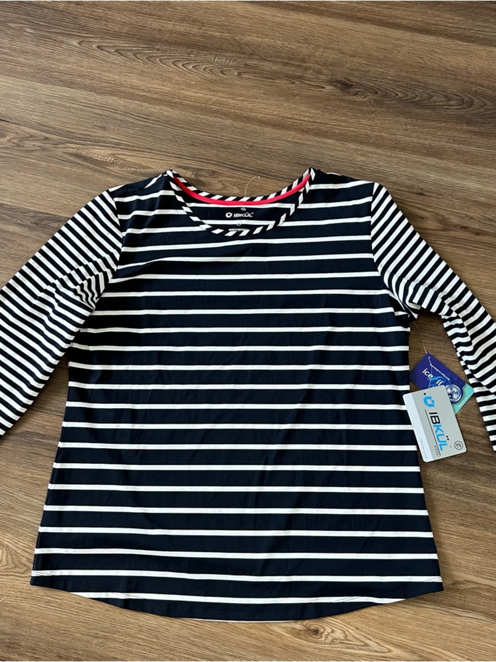 IBKUL 3/4 Sleeve Icefil Crewneck Shirt Black White Stripe XL Tennis Golf UPF 50+